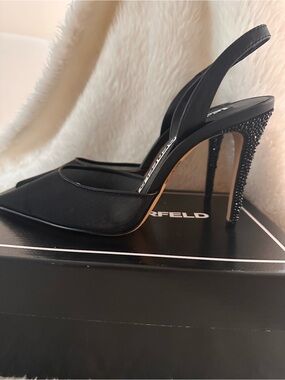 Karl Lagerfeld Black Pointed Slingback Heels with Crystal-Encrusted Stiletto
